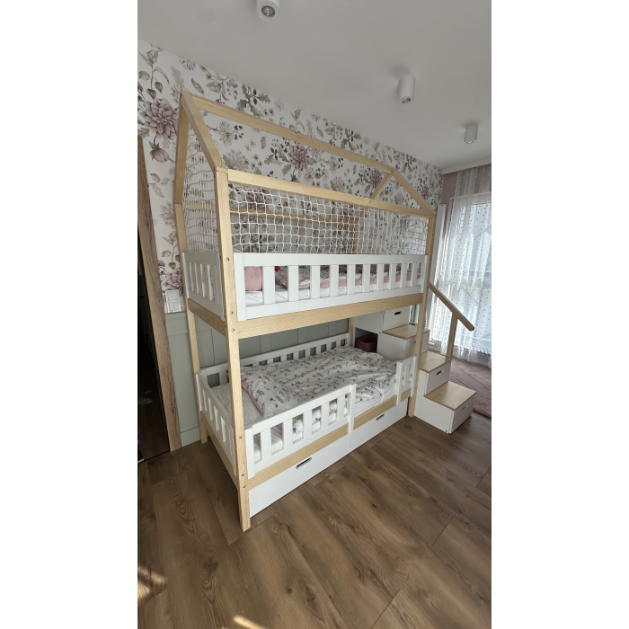 Zweifarbiges Kinder Etagenbett weiß natur mit Treppe