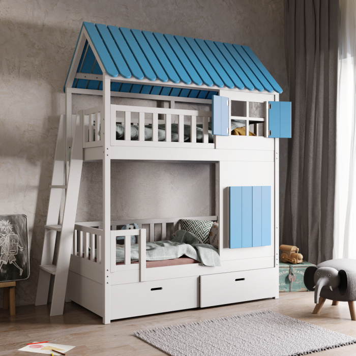 compact stapelbed met ladder en dak huisje voor kleine kinderkamer