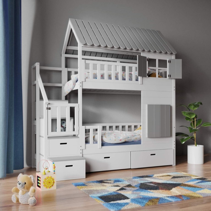 veilig kinder stapelbed met trap, dak en ramen voor broers en zussen