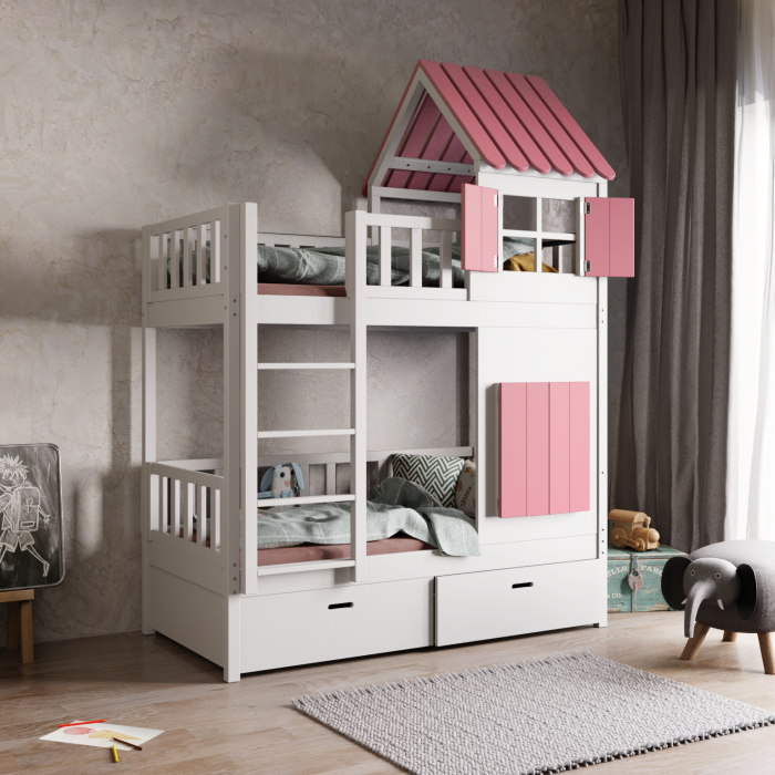 kinder stapelbed met ladder en klein dak in moderne kinderkamer
